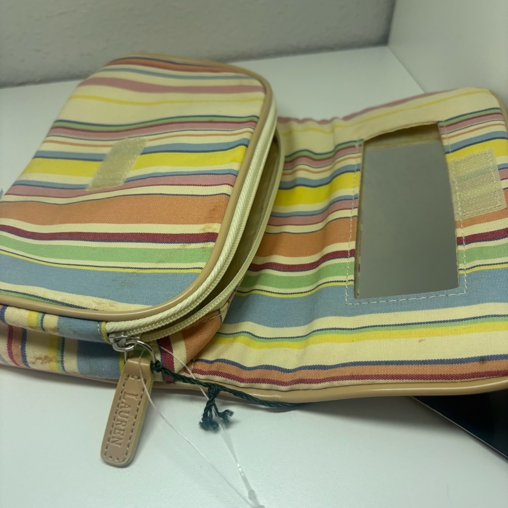 Vintage Ralph Lauren Stripped Cosmetic Makeup Bag w/ Mirror Zipper - Picture 4 of 7